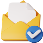 Verified email icon: yellow envelope with a white card and a blue checkmark badge indicating confirmation or delivery success